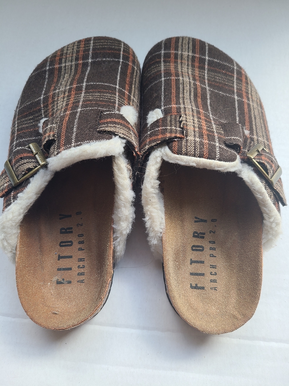 Fitory Brown Plaid Shearling-Lined Clog Mules